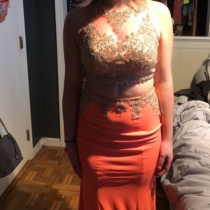 Coral Two Piece Tight Fitted Prom Dress